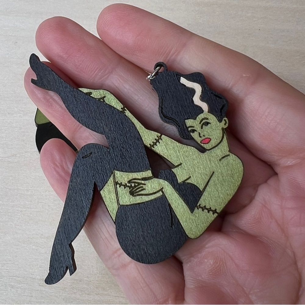 Bride Of Frankenstein Earrings - Halloween Pinup Lady In Monster Costume - Picture 6 of 6